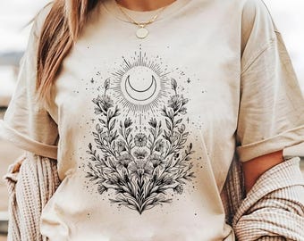 Floral Moon T-Shirt, Bohemian Celestial Tee
