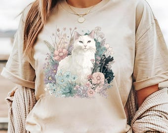 Pastel Floral Cat T-Shirt • Botanical Watercolor Kitty Tee • Wildflower Shirt • Vintage Line Art Graphic • Nature-Inspired • Cat Lover Gift