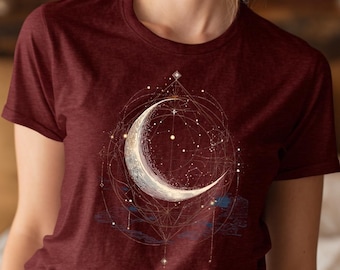 Celestial Moon Graphic T-Shirt • Vintage Astrology Shirt, Maroon Tee