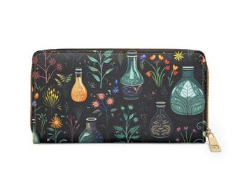 Witchy Tincture Zipper Wallet | Witchcraft Dark Forest Art | Green Foliage, Eerie and Mystical Original Design | Secure Cards and Money