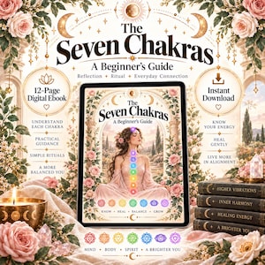 Peut inclure: Un livre numérique intitulé The Seven Chakras: A Beginner's Guide, illustré d'une personne en robe rose avec sept symboles de chakra colorés le long de la colonne vertébrale, entourée de roses roses, d'arches et de texte sur l'énergie.