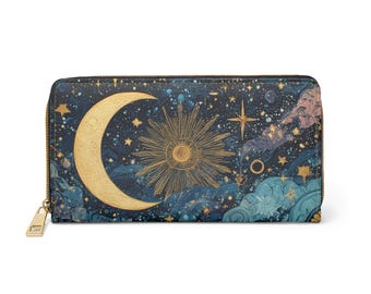 Starry Sun Moon Zipper Wallet | Witchy, Whimsigothic Aesthetic | Enchanting Celestial Night, Mystical Original Design | Secure Cards & Money
