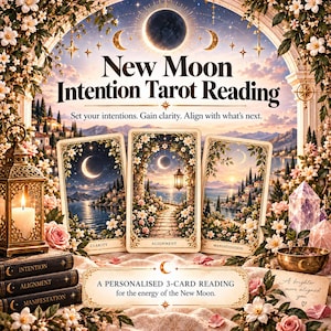 Pode incluir: Três cartas de tarô rotuladas como Clarity, Alignment e Manifestation são exibidas com o texto New Moon Intention Tarot Reading, Set your intentions. Gain clarity. Align with what's next. A personalised 3-card reading for the energy of the New Moon.