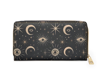 Whimsigoth Crescent Moon, Stars, All Seeing Eye Zipper Wallet | Celestial and Witchy Design | Money and Card Storage, Vegan Leather