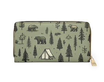 Camping Lovers Zipper Wallet | Bear, Tent, and Forest Trees Artwork Pattern | Green and Black | Money and Card Storage, Vegan Leather