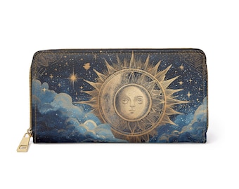 Zodiac Sun and Stars Zipper Wallet | Witchy, Whimsigothic Style | Enchanting Celestial Night, Mystical Design | Secure Cards & Money