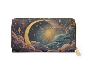 Cosmic Moon Stars Zipper Wallet | Witchy, Whimsigothic Style | Enchanting Celestial Night, Mystical Design | Secure Cards & Money