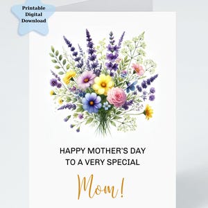 Cartão de Dia das Mães com flores em aquarela – Presente para impressão faça você mesmo para a mãe, cartão comemorativo em aquarela, download digital.