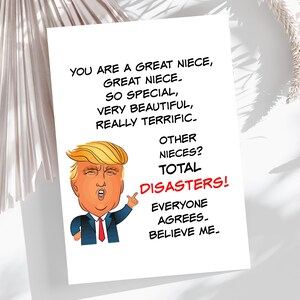 Carte d'anniversaire amusante Trump pour nièce, carte hilarante nièce de tante ou oncle, carte d'humour politique pour nièce, carte blanche pliée 5 x 7