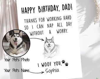 Carte d'anniversaire personnalisée avec croquis de chien pour papa, photo personnalisée d'animal de compagnie