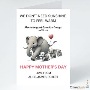Cartão personalizado para o Dia das Mães | Cartão fofo para a mãe elefante | Presente de feliz Dia das Mães para crianças, filho, filha. Cartão para mãe, avó.