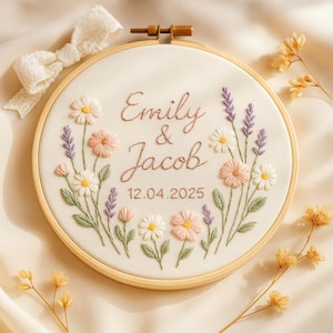 Personalized Wedding Embroidery Hoop, Custom Hand Embroidered Couple Name & Date with Wildflowers, Handmade Wedding Gift Decor, Gift For Her
