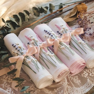 Set 4 Embroidered Linen Napkins Wedding, Soft Pastel Wildflowers with Pink Ribbon, Handmade Wedding Table Decor or Mother’s Day Gift