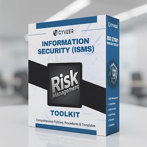 Op de afbeelding: Een witte en blauwe doos met de tekst "CYVEER INFORMATION SECURITY (ISMS) Risk Management TOOLKIT". De doos bevat ook de tekst "Comprehensive Policies, Procedures & Templates" en "ISO 27001 ISMS GRC TOOLKIT".