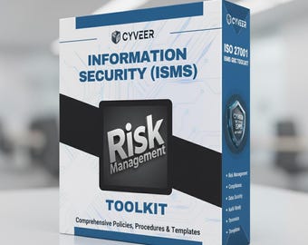 以下が含まれることがあります： 「CYVEER INFORMATION SECURITY (ISMS) Risk Management TOOLKIT」の文字が入った白と青の箱。箱には「Comprehensive Policies, Procedures & Templates」と「ISO 27001 ISMS GRC TOOLKIT」の文字も含まれています。