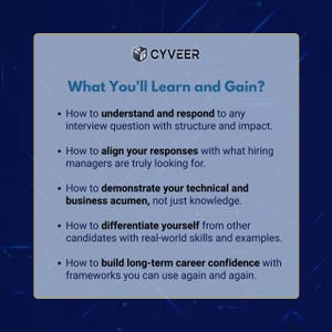 May include: A light blue graphic featuring the CYVEER logo and the text "What You'll Learn and Gain?" with bullet points outlining interview and career skills, such as technical acumen and confidence.