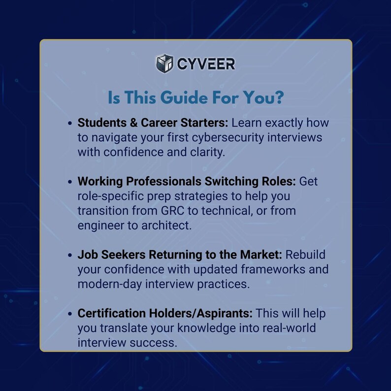 May include: A light blue graphic featuring the CYVEER logo and the question "Is This Guide For You?" with bullet points detailing the guide's audience: students, professionals, job seekers, and certification holders.