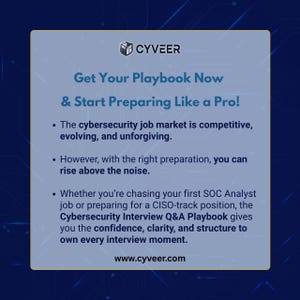 May include: A light blue graphic with the CYVEER logo and text that reads "Get Your Playbook Now & Start Preparing Like a Pro!" The text also mentions the cybersecurity job market and the Cybersecurity Interview Q&A Playbook.