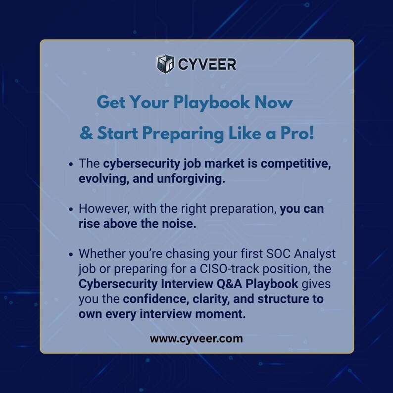 May include: A light blue graphic with the CYVEER logo and text that reads "Get Your Playbook Now & Start Preparing Like a Pro!" The text also mentions the cybersecurity job market and the Cybersecurity Interview Q&A Playbook.