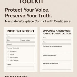May include: A beige document titled "WORKPLACE DOCUMENTATION TOOLKIT" with the text "Protect Your Voice. Preserve Your Truth." Includes incident report and employee amendment forms. The forms have fields for name, date, and details.
