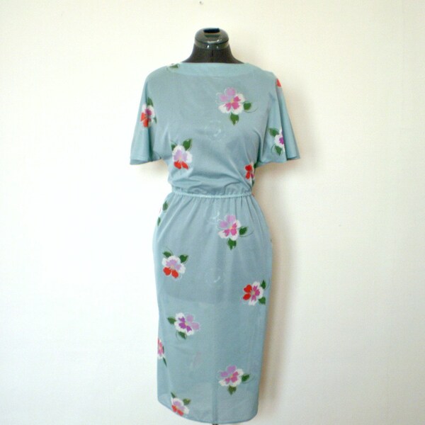 1970s dress / robin's egg blue sheer floral secretary dress / 1970s 70s 1970 70 / 70s dress / dolman