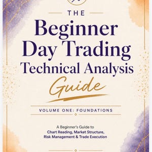 May include: A book cover titled The Beginner Day Trading Technical Analysis Guide Volume One: Foundations. The cover features a white background with purple and orange watercolor accents, a stock chart icon, and the text PKB Creative Studio.