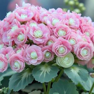 May include: A close-up of a cluster of pink flowers with white centers and green leaves. The flowers are tightly packed together, creating a full, lush appearance. The leaves are a muted green.