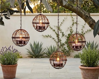 Set of 4 Waterproof Solar Pendant Lights, Outdoor Hanging Wire Globe Lanterns for Garden & Patio Decor