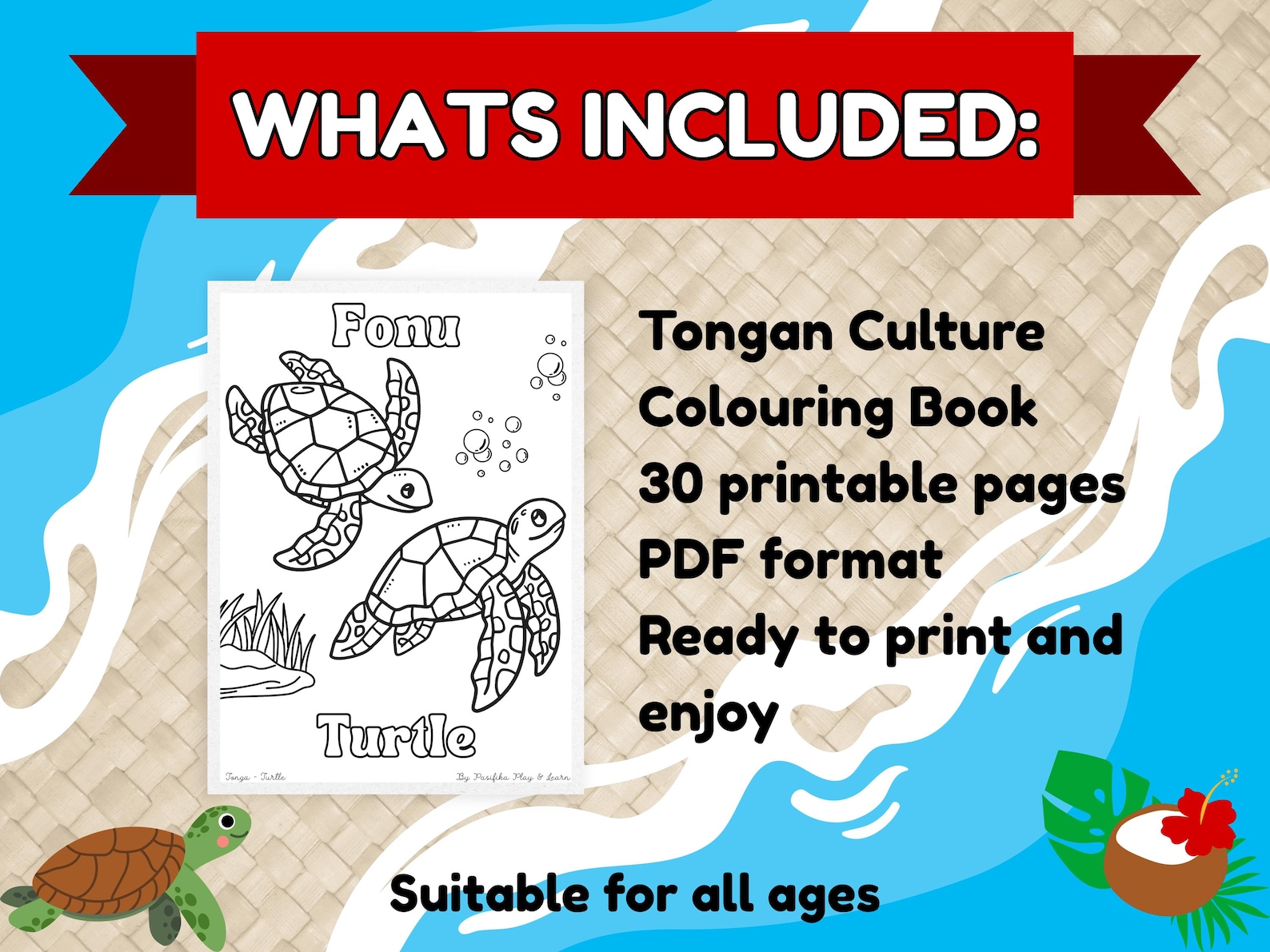 Tonga Turtle Tongan Children's Colouring Book: Learn Language & Culture (30 Pages ...