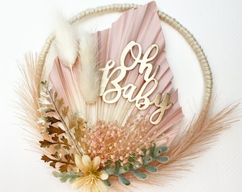 Baby Cake Topper/palm/dried palm topper/pampas/cake pick/oh baby/girl/ baby/baby shower cake/pink/boho/floral/pampas decor/gold