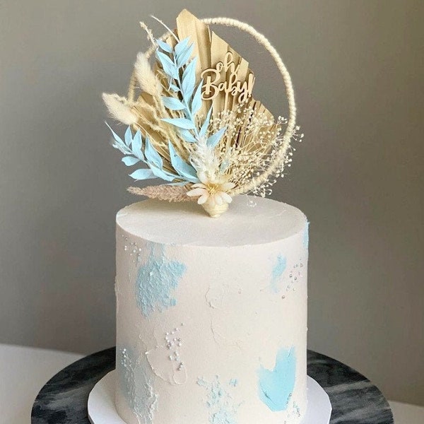 Baby Cake Topper/palm/dried palm topper/dried flowers/cake pick/oh baby/boy/ baby boy/baby shower cake/blue/boho/floral/party/cake decor