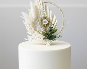 First Communion Cake Topper: Boho Jute Floral chalice Jesus Christ Symbol