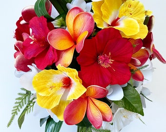 Hawaiian bouquet/hibiscus plumeria bouquet/hawaiian bride/hawaiian bridesmaid/red yellow orange bouquet/