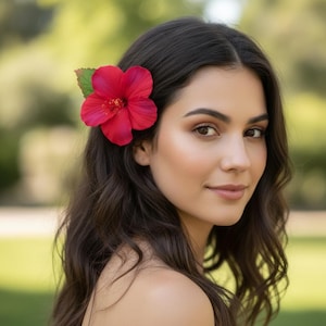 Pinza para el cabello de hibisco de seda rojo y rosa - Pinza de cocodrilo con flor hawaiana