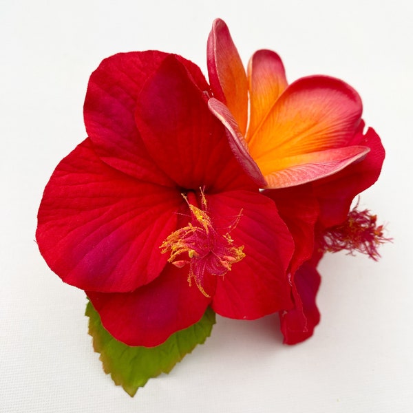 Red orange pink hibiscus hair clip/hair flower/50s hair flower/rockabilly flower/hawaiian party hair clip/tropical hair clip/hawaiian hair