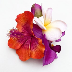 Orange magenta pink hibiscus hair clip/hair flower/50s hair flower/rockabilly flower/hawaiian party hair clip/hawaiian hair clip
