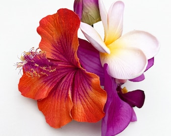 Orange magenta pink hibiscus hair clip/hair flower/50s hair flower/rockabilly flower/hawaiian party hair clip/hawaiian hair clip