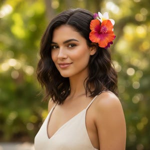 Pinza para el cabello/accesorio para el cabello con hibisco tropical de seda naranja, magenta y rosa