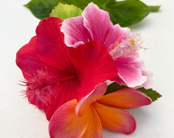 Red pink orange hawaiian hair clip/hair flower/50s hair flower/rockabilly flower/hawaiian party hair clip/tropical hair clip/hawaiian hair
