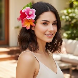 Pinza para el pelo con flor de hibisco de seda roja y rosa para fiesta tropical