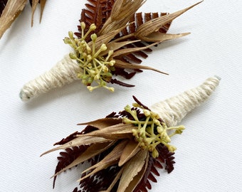 Rustic boutonniere/brown fern/country wedding buttonhole/brown/olive/preserved leaf boutonniere/australian buttonhole/chocolate