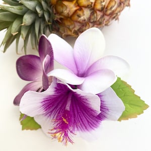 Tahitian Taui Hawaiian hair clip/purple white hibiscus/hibiscus frangipani hair clip/hair flower/purple white hair clip