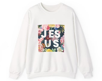Blommig Jesus-tröja, mysig rund hals, inspirerande present, kristna kläder, vårmode, trosbaserade kläder