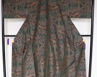 Vintage Japanese silk kimono robe Oshima Tsumugi