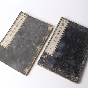 Peut inclure: Deux livres anciens aux couvertures sombres et usées. Chaque livre présente une étiquette rectangulaire avec du texte vertical en couleur contrastante. Les livres sont disposés en diagonale sur un fond blanc, suggérant un thème historique ou savant.