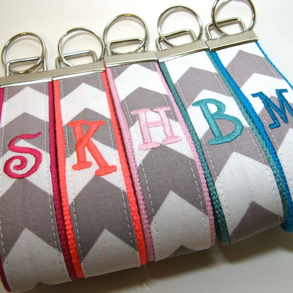 Monogrammed Chevron Keychain - Design Your Own - Grey and White Key Fob