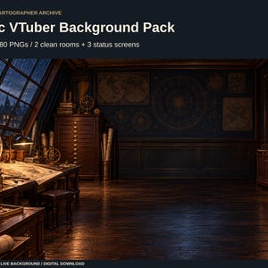 Paquete de fondos para VTuber, Sala de mapas de estilo academia oscura, Escenas estáticas de transmisión en 1080p para OBS, Próximamente y Vuelvo enseguida.