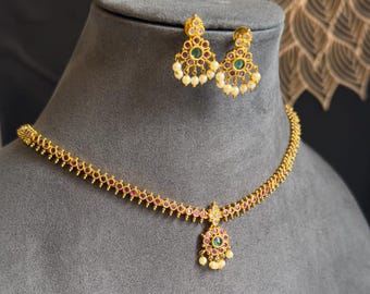 Traditional South Indian Ruby Choker Set with Kemp Stones and Earrings