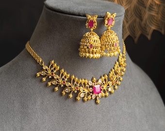 Gold South Indian Gold Choker Set with Jhumka earrings- TRADITIONAL