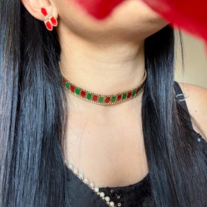 Kerala Dainty Closed neck Choker Set | Traditional Green and Red Palakka style choker| South Indian Temple Jewellery | South Indian Choker